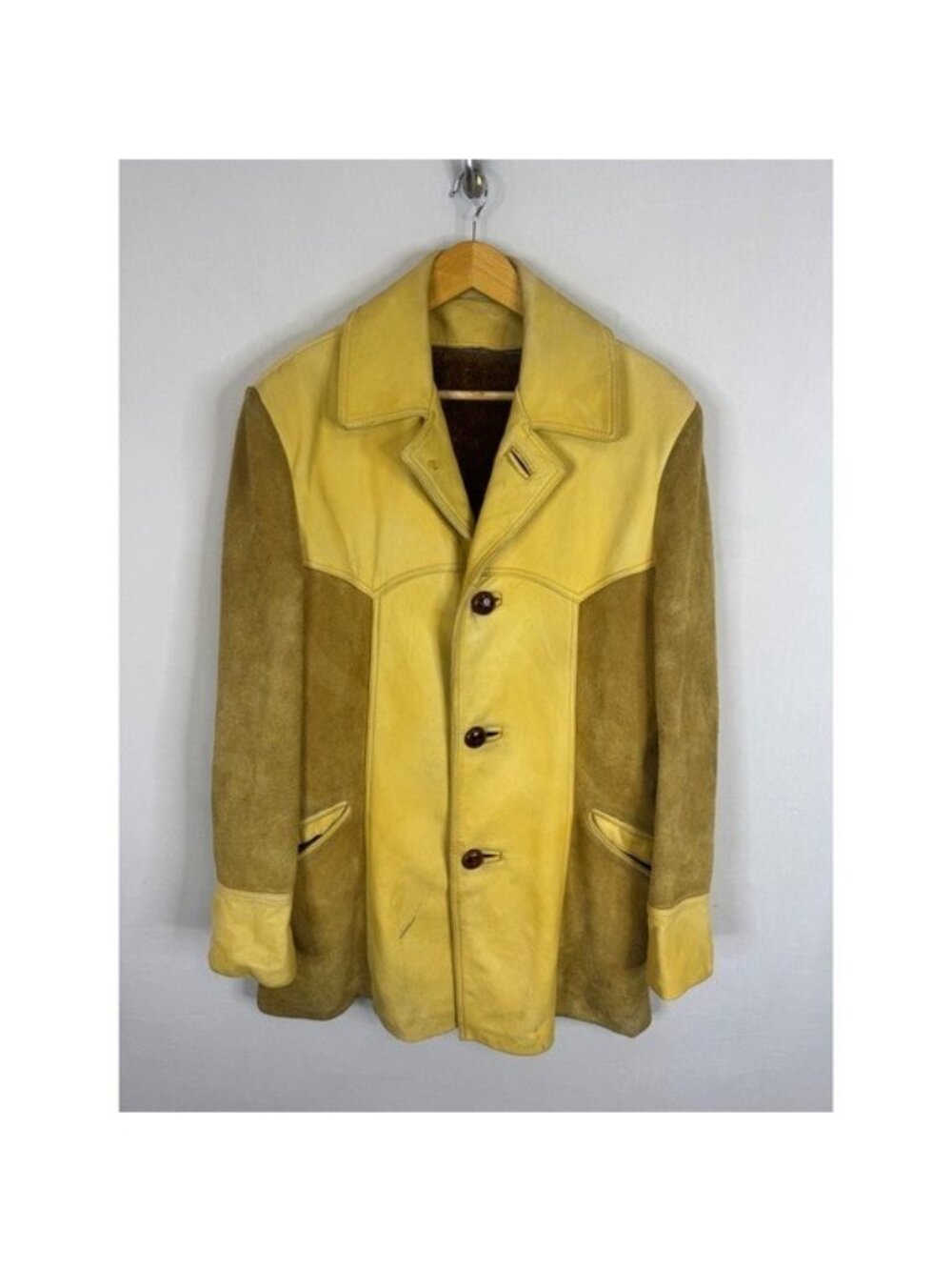 Vintage Treen Two Tone Leather Suede Western Jacket Yellow Tan Faux Fur Lined L